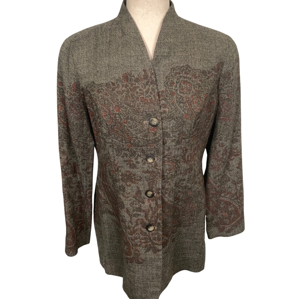 Coldwater Creek Blazer Womens 8 Brown Paisley Wool Longline Tweed‎  Jacket
